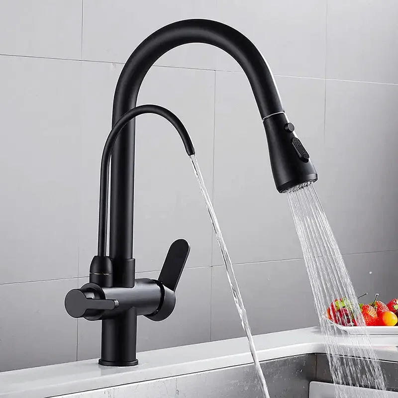 Robinet Mitigeur de Cuisine Aqualis – Laiton Massif avec Douchette Rétractable à Double Jet