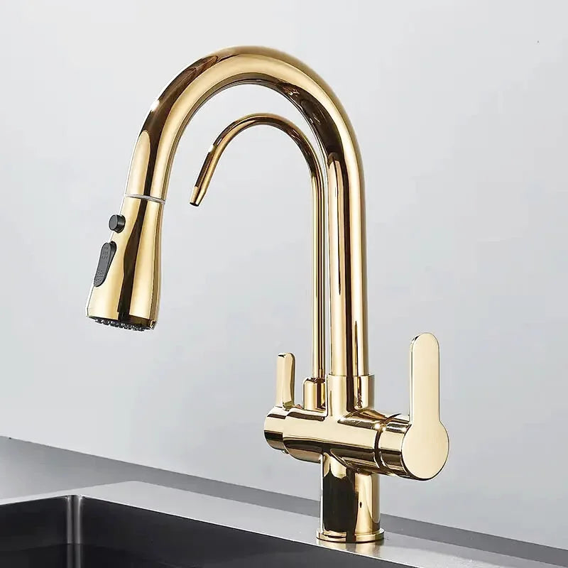 Robinet Mitigeur de Cuisine Aqualis – Laiton Massif avec Douchette Rétractable à Double Jet